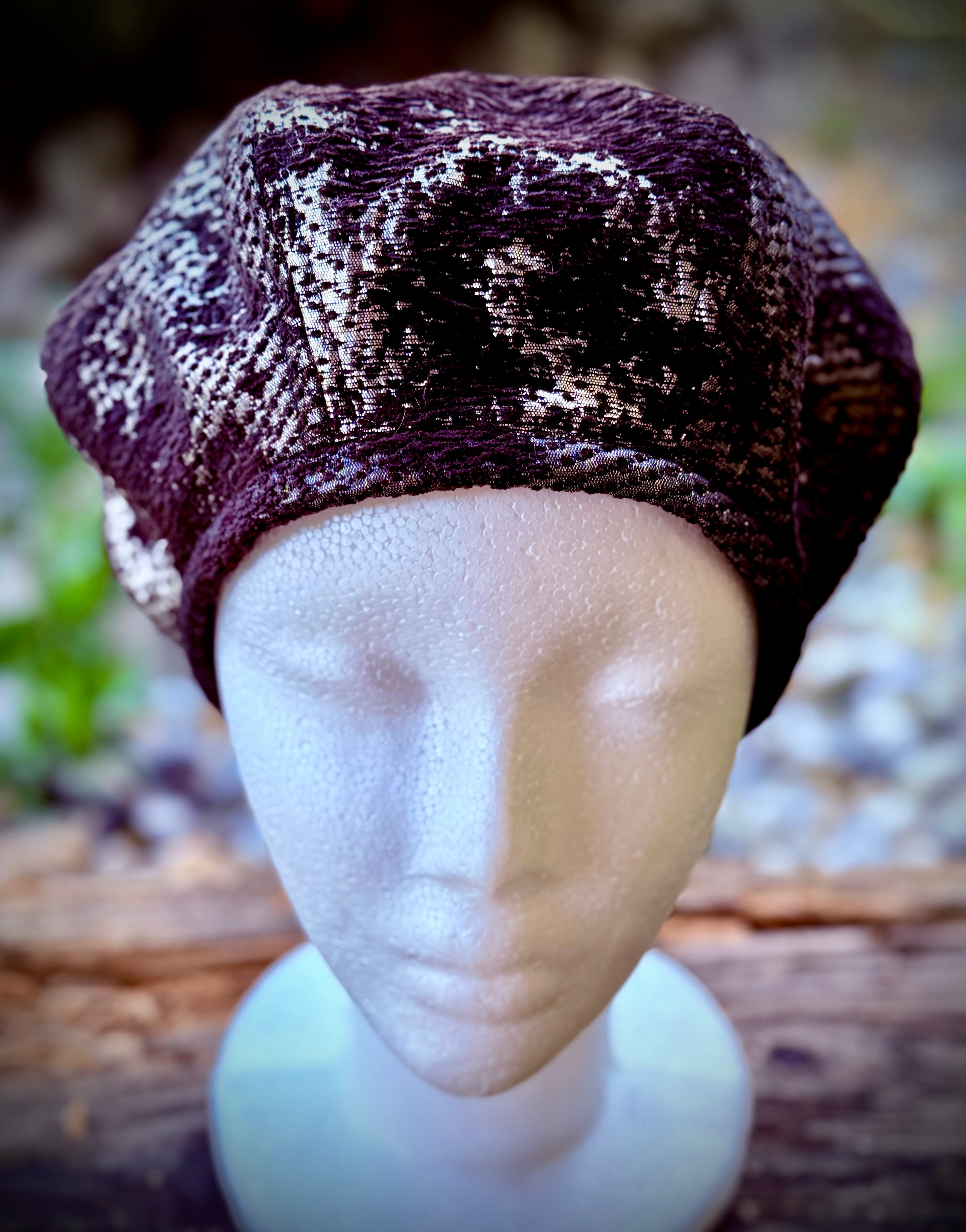 Black and Silver Beret Hat XS